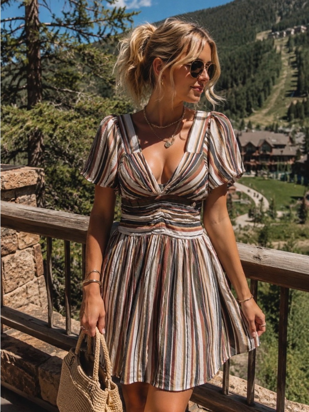 Angie Striped Mini Dress in Cream, Brown, Green and Rust